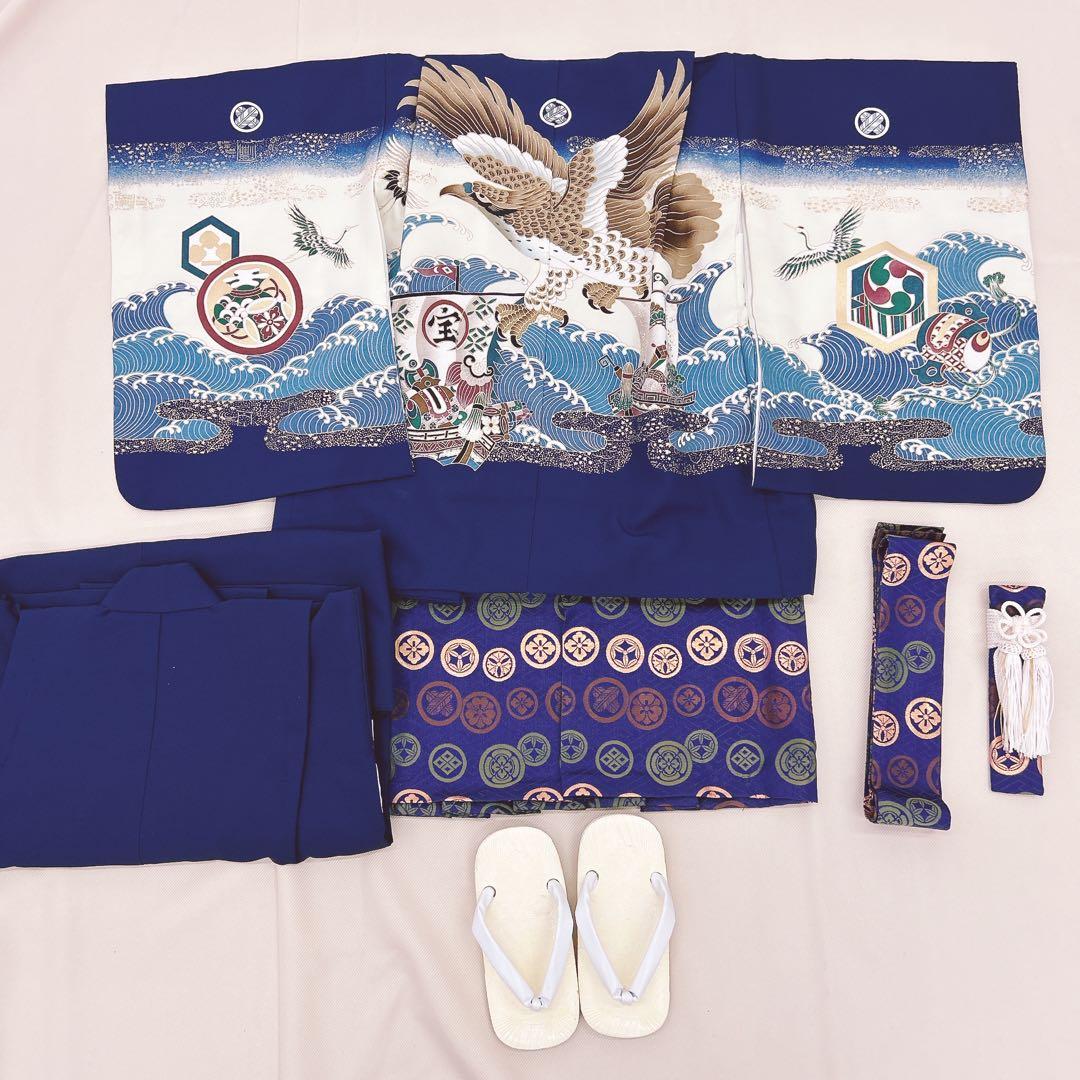 七五三5歳男の子　羽織袴セット　紺色　鷹柄