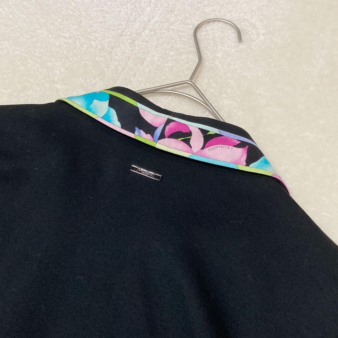 LEONARD レオナール ジャージー ジャケット 花柄 切替 伸縮性 42 黒