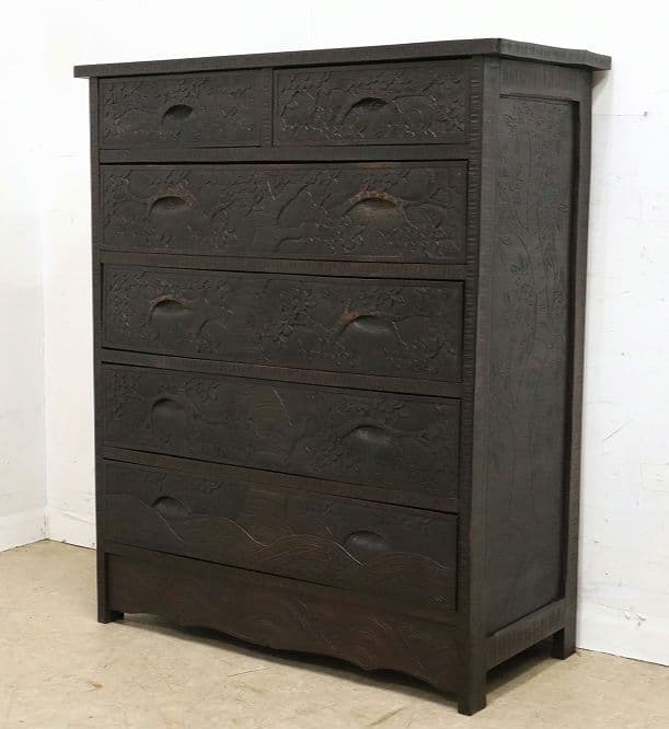 伝統工芸【軽井沢彫り】整理箪笥【桜絵柄彫刻】ヴィンテージ・チェスト・民芸家具