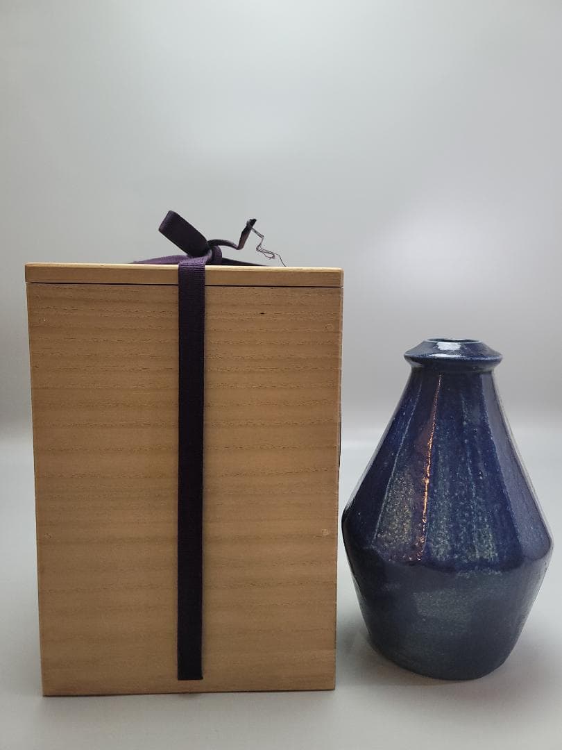浜田晋作 作 藍釉面取 花瓶 共箱 DT544