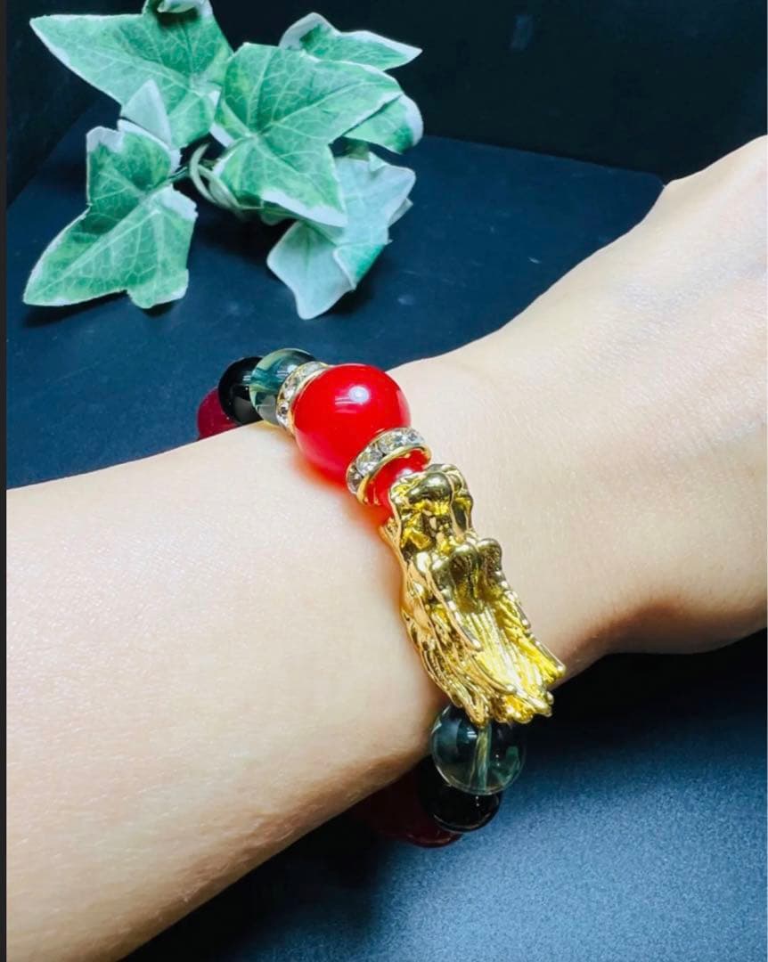 ienoriha 金龍 ＆秘紅石.緑水晶超金運ブレスレット❣️トリプル金運